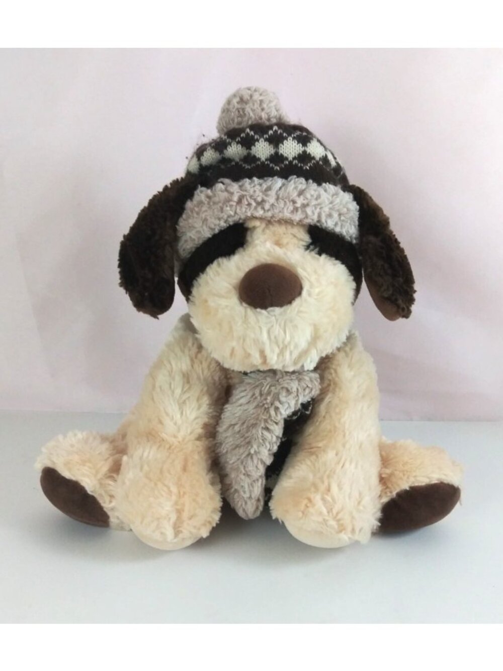 Hug Fun Winter Puppy Dog Sitting Scarf & Hat Plush Stuffed Animal 12"